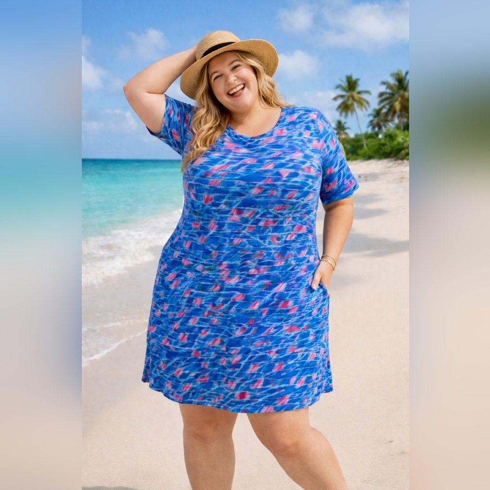 Reel Legends Size 3X Vibrant Blue and Pink Geo Print Mini Dress Stretchy Comfy